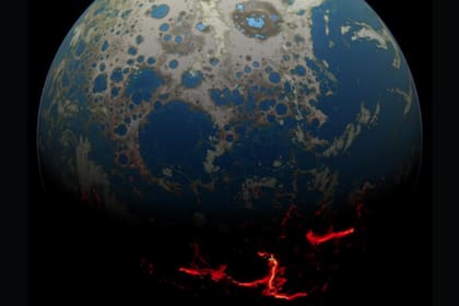 Concepción de un artista de la Tierra primitiva, que muestra una superficie bombardeada por grandes impactos que dan como resultado la extrusión de magma a la superficie