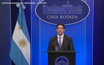 Conferencia de prensa de Adrián Ravier, el Vocero Presidencial. En Casa Rosada.
1/9/2026