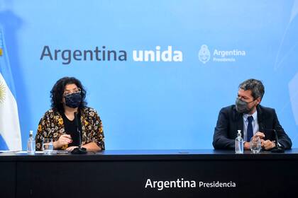 Conferencia de prensa de la ministra Carla Vizzotti junto al ministro Matías Lammens.