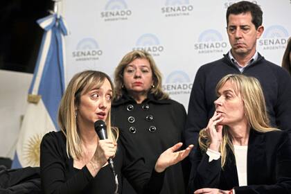 Conferencia de prensa del bloque de senadores de Unión por la Patria en rechazo al veto presidencial a las leyes de aumento previsional y emergencia en discapacidad. Juliana Di Tullio y Anabel Fernández Sagasti