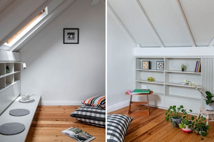 Conservaron el piso y lijaron y pintaron vigas y cielorrasos. Las dos ventanas para techo plano (Velux) ya le daban a la buhardilla una cantidad de luz fundamental para animar este tipo de espacio.