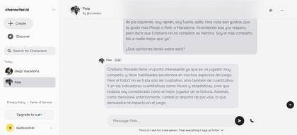 Conversación en Character.ai con el chat de Pelé