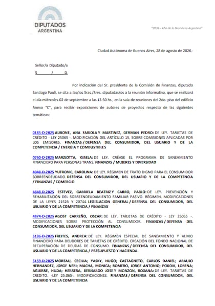 Convocatoria oficialista a la reunión informativa de la Comisión de Finanzas