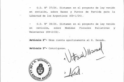 Convocatoria para el tratamiento de la Ley Bases en el Senado.