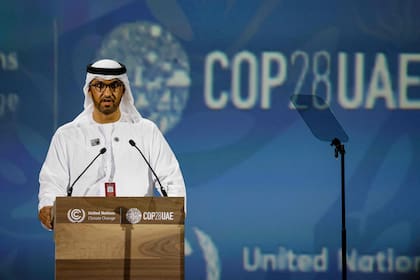 COP28 president Sultan Ahmed Al Jaber speaks during the Transforming Food Systems in the Face of Climate Change event on the sidelines of the COP28 climate summit at Dubai Expo on December 1, 2023. World leaders take centre stage at UN climate talks in Dubai on December 1, under pressure to step up efforts to limit global warming as the Israel-Hamas conflict casts a shadow over the summit. (Photo by Ludovic MARIN / AFP)