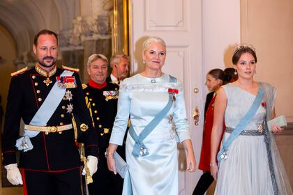 COPENHAGEN, DENMARK - OCTOBER 15: Crown Prince Haakon of Norway, Crown Princess Mette-Marit of Norway and Princess Ingrid Alexandra of Norway attend the gala diner to celebrate the 18th birthday of H.K.H. Prince Christian's at Christiansborg Palace on October 15, 2023 in Copenhagen, Denmark. (Photo by Patrick van Katwijk/Getty Images)