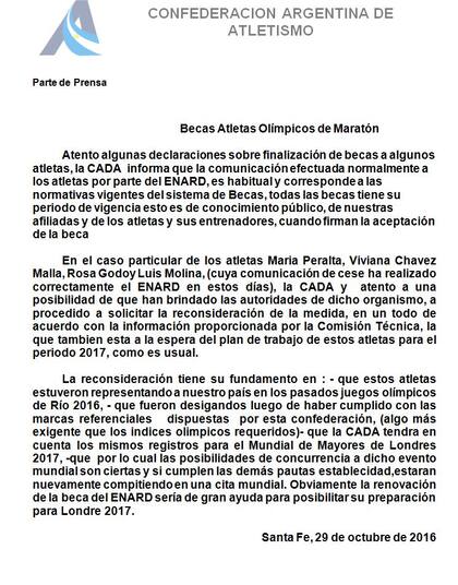Copia de la carta de la CADA enviada por mail al Enard: la misma fue recepcionada el lunes 1 de noviembre