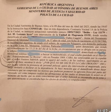 Copia de la denuncia realizada por Fabio Cuggini en la comisaría vecinal 1A de la Policía de la Ciudad