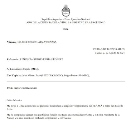 Copia de la renuncia de Sergio Robert, vicepresidente del Senasa