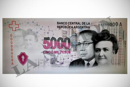 Copia de uno de los primeros diseños del billete de $5000 (no el definitivo). En el frente están Ramón Carrillo y Cecilia Grierson. En el anverso, el instituto Malbrán.