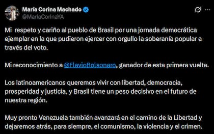 Corina Machado se expresó sobre el resultado electoral en Brasil