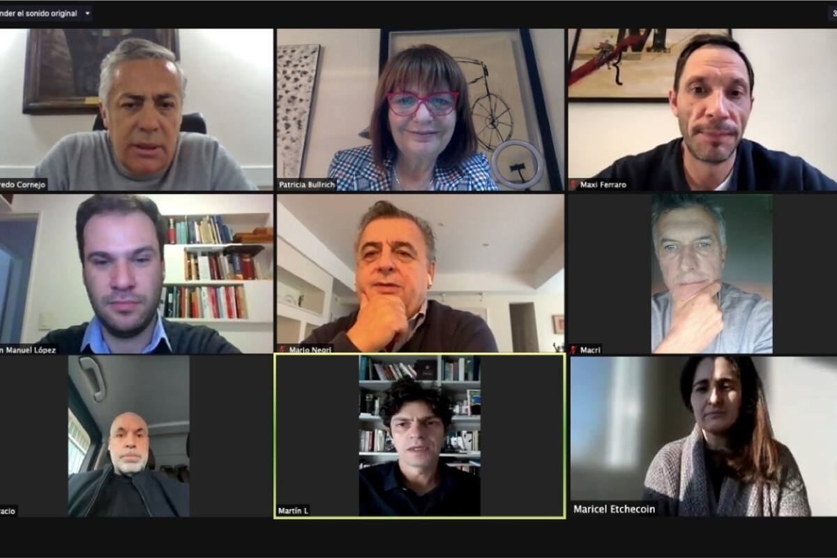 Cornejo, Bullrich, Ferraro, López, Negri, Mcri, Larreta, Lousteau y Etchecoin, este lunes por la mañana, en la reunión vía Zoom