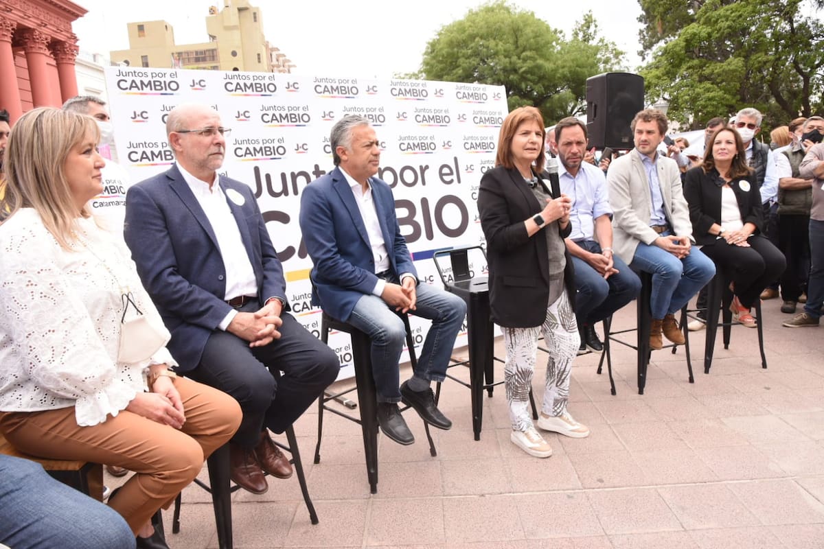 Cornejo, Bullrich y Ferraro, líderes de los tres partidos principales de Juntos por el Cambio, hoy, en Catamarca
