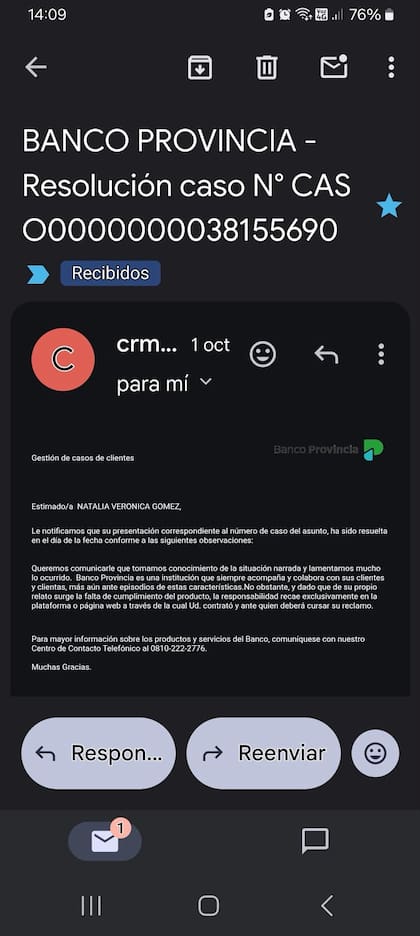 Correo electrónico del Banco Provincia que Natalia Verónica Gómez compartió con LA NACION, vinculado con el reclamo que presentó tras transferir $500.000 por una reserva falsa