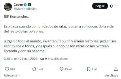 Coscu lamentó la muerte de El Komanche