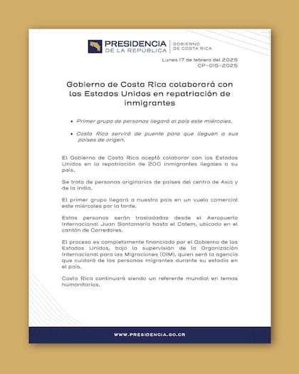 Costa Rica se ofreció como país puente para colaborar con EE.UU. en la repatriación de los deportados de origen asiático
