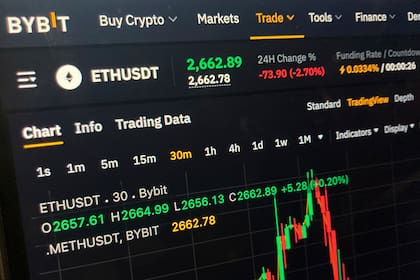 Cotizaciones de la criptomoneda Ethereum en la página web de Bybit vistas en una computadora en Nueva York el viernes 21 de febrero de 2025. (AP Foto/Patrick Sison)