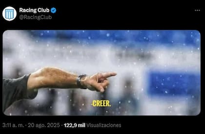 "Creer" la frase que usó la cuenta de Racing con la imagen del brazo de Gustavo Costas