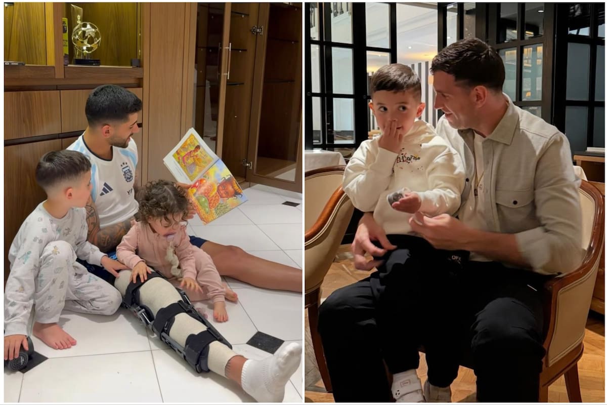 Cristian Romero junto a sus hijos y con la visita de Emiliano Martínez