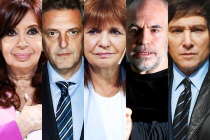 Cristina Fernández de Kirchner, Sergio Massa, Patricia Bullrich, Horacio Rodríguez Larreta y Javier Milei