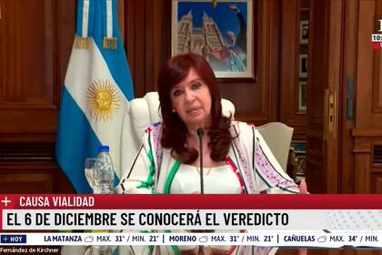 Cristina Kirchner en su exposición final ante el tribunal de la causa Vialidad, el martes