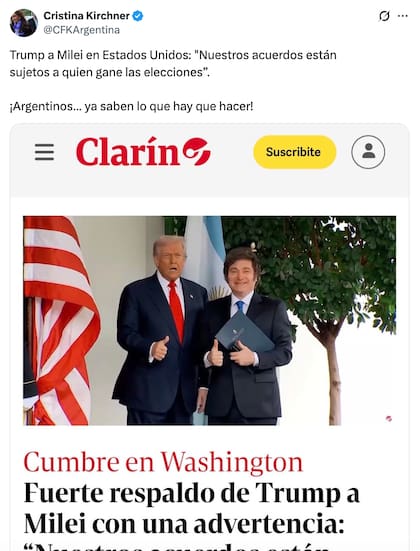 Cristina Kirchner ironizó desde su prisión domiciliaria: "¡Argentinos... ya saben lo que hay que hacer!" (X)