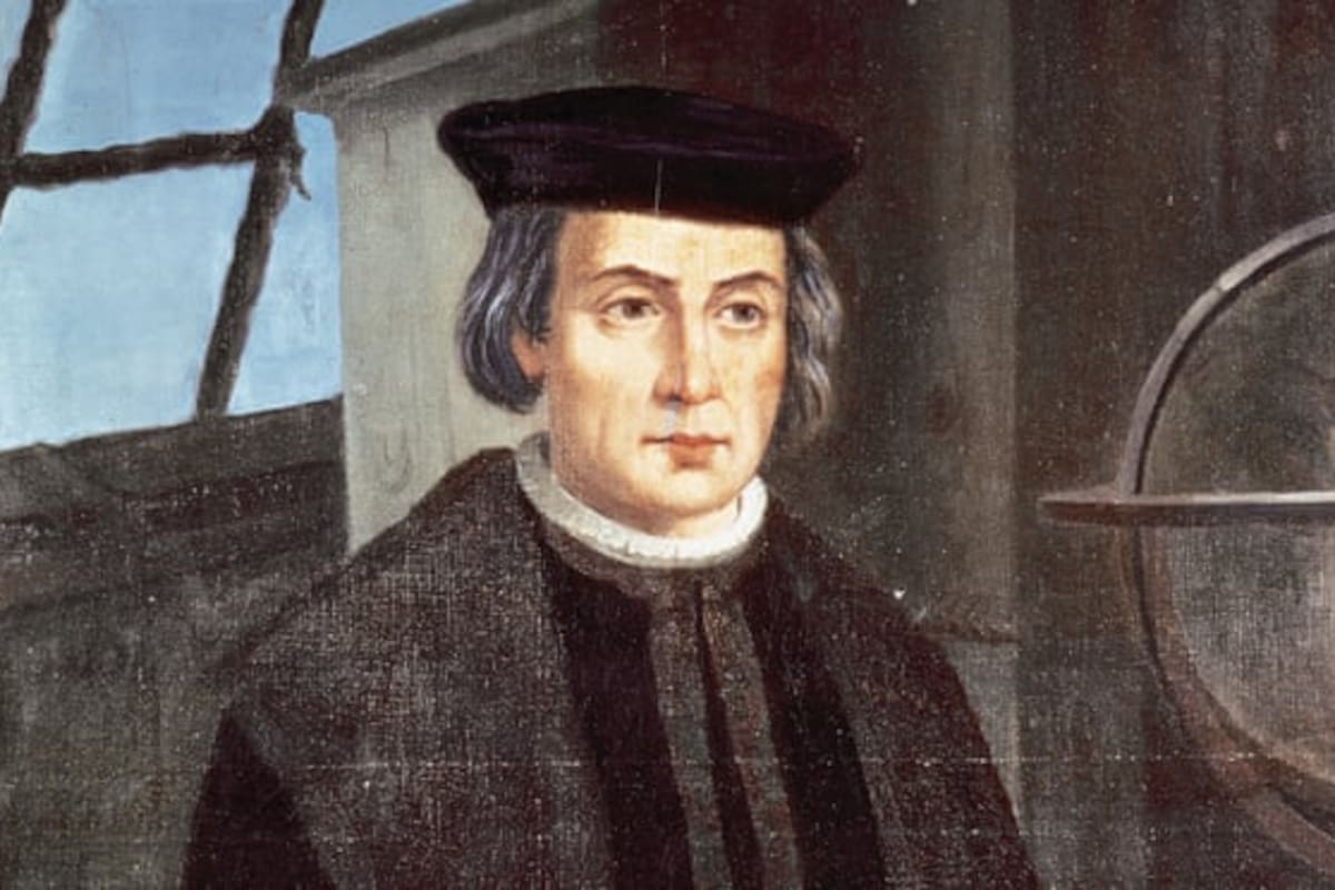 Cristóbal Colón (1451-1506), retrato de JoséChristopher Columbus (1451-1506): portrait by Jose Roldan, monastery of La Rabida, Andalusia. Photograph: Alamy
