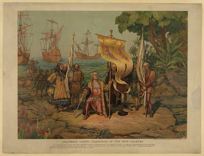Cristóbal Colón, sosteniendo una espada y un estandarte, reclama para España la isla conocida por los nativos como Guanahani en esta litografía de 1893. Se cree que se trata de San Salvador, en las actuales Bahamas. (Biblioteca del Congreso de los Estados Unidos)