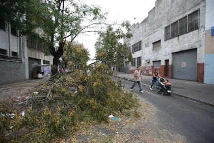 CRUCE PELIGROSO. Peatones y automovilistas deben usar la paciencia para compartir el único carril que quedó libre en White al 2000, en Mataderos