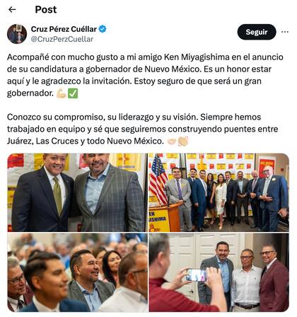 Cruz Pérez Cuellar respaldó la postulación de Ken Miyagishima desde Ciudad Juárez en México. Foto: vía X