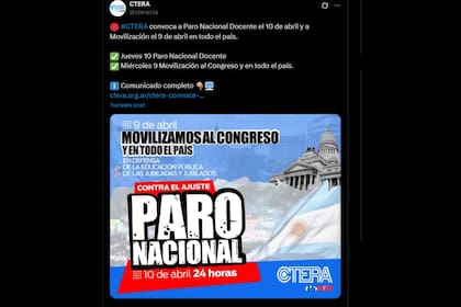 Ctera adhirió al paro general del jueves 10 de abril