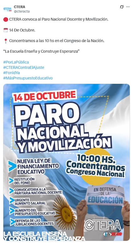 Ctera convocó un paro nacional docente y movilización para el martes 14 de octubre