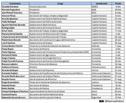 Cuadro con la salida de todos los funcionarios del gabinete nacional realizado por el politólogo Pablo Salinas.