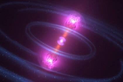 Cuando las estrellas de neutrones chocan, algunos de los escombros se dispersan en chorros de partículas que se mueven casi a la velocidad de la luz, produciendo una breve explosión de rayos gamma