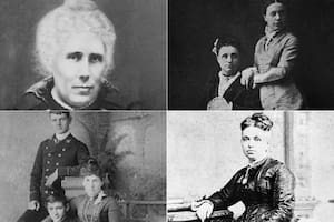 Cuatro de las maestras que trajo Sarmiento de Estados Unidos y una sorpresa: Fanny Haslam, la abuela de Borges, con sus hijos Francisco Eduardo (de pie) y Jorge Guillermo (sentado), el padre del gran escritor
