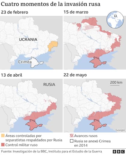 Cuatro mapas de la evolución de la guerra.
