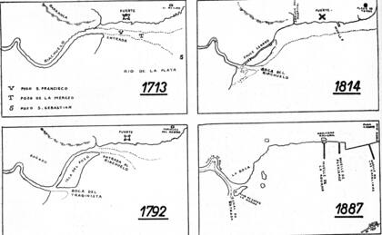 Cuatro planos que grafican cómo fue corregido el cauce del Riachuelo
