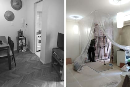 Cubrir el piso de parquet y cerrar el área de trabajo con una mampara de plástico ayuda a preservar el resto de la casa mientras se desmonta la cocina y se demuele parte del perímetro.