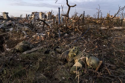 Cuerpos de soldados rusos, en el campo de bagtalla en Andriivka, en la región de Donetsk. (AP/Mstyslav Chernov)