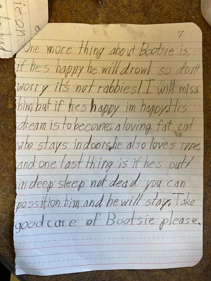 “Cuida bien de Bootsie”: el pedido que recorre cada página escrita con dibujos, instrucciones y ternura