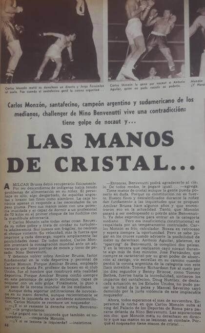 Curiosa mirada de la revista Goles, poco antes del combate; casi nadie confiaba en las posibilidades de Carlos Monzón, de quien decía que tenía puños de cristal