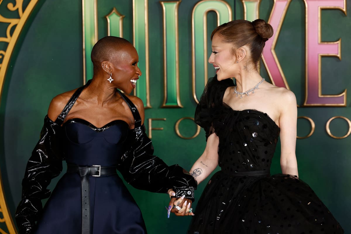 Cynthia Erivo, left, and Ariana Grande pose for photographers upon arrival at the premiere of the film "Wicked For Good" in London, Monday, Nov. 10, 2025. (Photo by Millie Turner/Invision/AP)