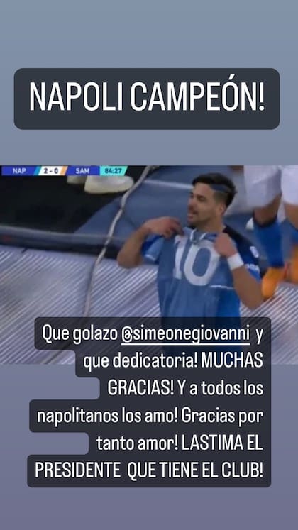 Dalma Maradona felicitó al Napoli y apuntó contra el presidente del club