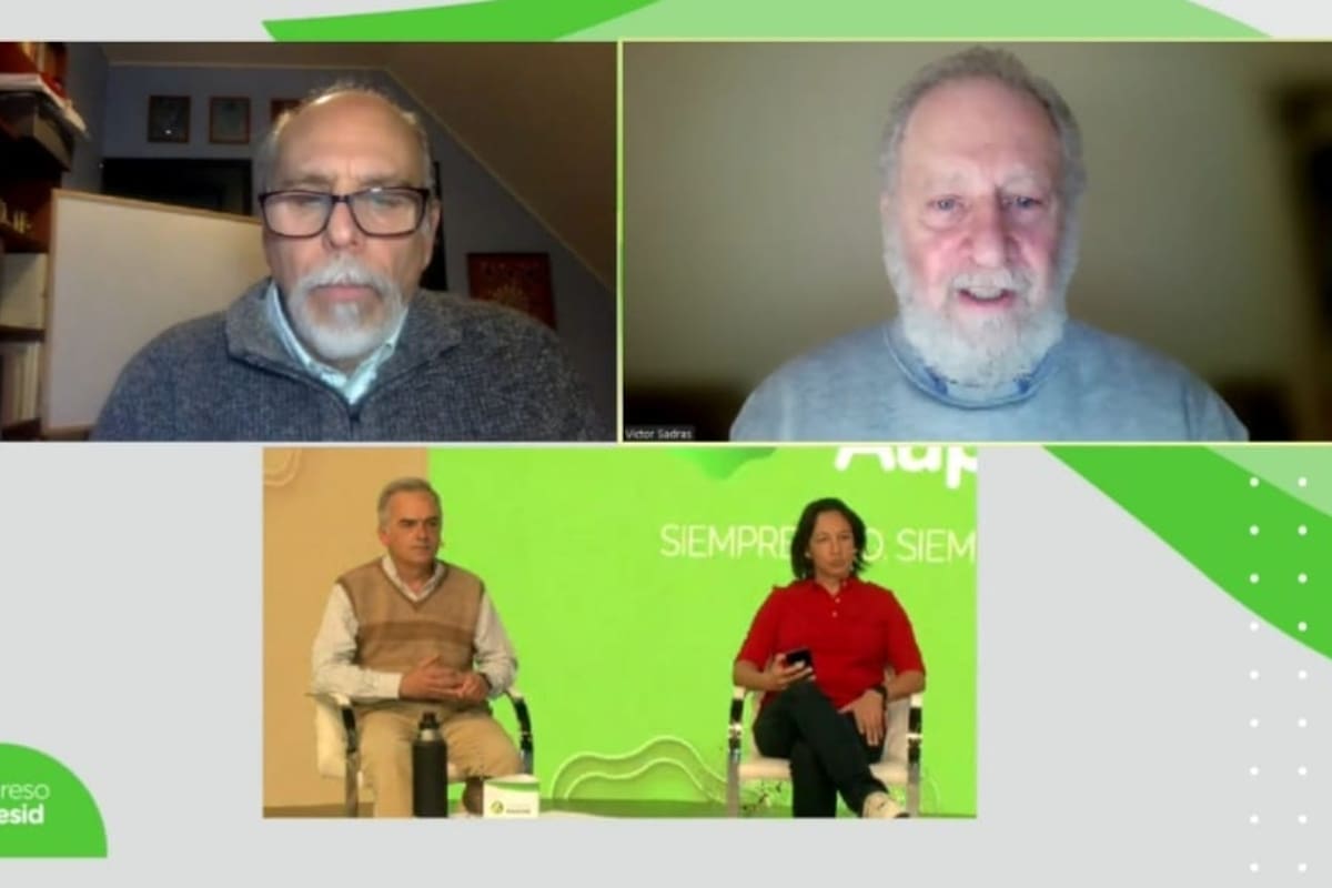 Daniel Calderini y Víctor Sadras durante su exposición en el congreso anual de Aapresid, junto a los presentadores del evento Rafael Baldiña de la Regional Aapresid La Pampa y Paola Díaz de la Regional Aapresid Rio Segundo