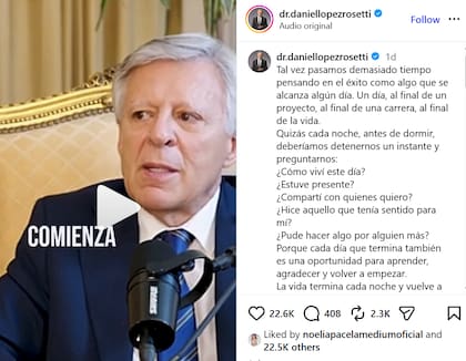 Daniel López Rosetti invitó a sus seguidores a reflexionar cada noche acerca de los éxitos cotidianos