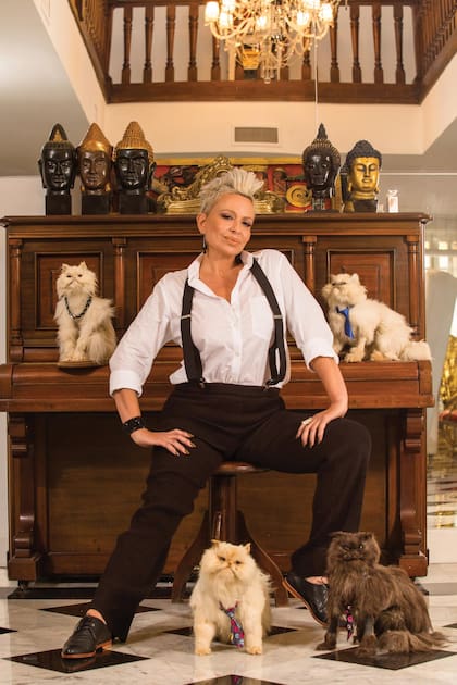 Daniela Cardone con algunos de sus gatos embalsamados