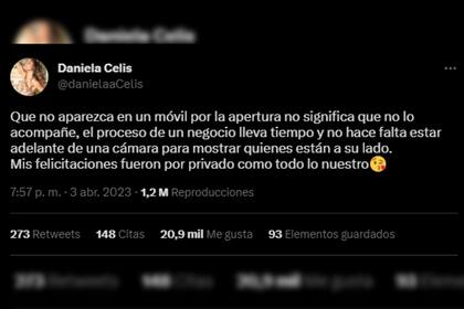Daniela Celis hizo un fuerte descargo por su ausencia en la verdulería de Thiago (Captura Twitter)