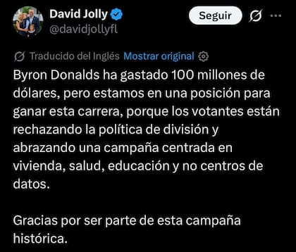 David Jolly aseguró que está en condiciones de ganar la gobernación de Florida frente a Byron Donalds