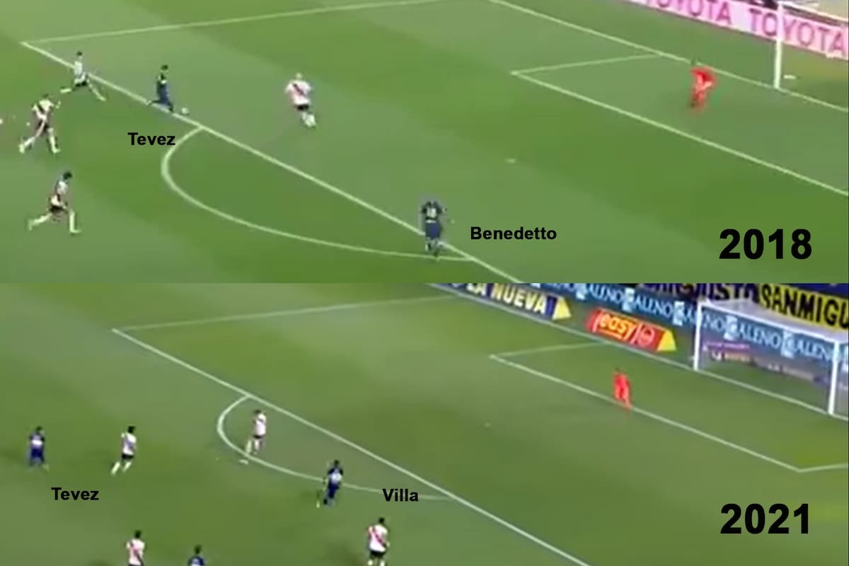 De 2018 a 2021, Carlos Tevez en la posición del coonductor y dejando mano a mano con Armani a sus atacantes; el arquero de River detuvo a Benedetto, pero no pudo con Villa