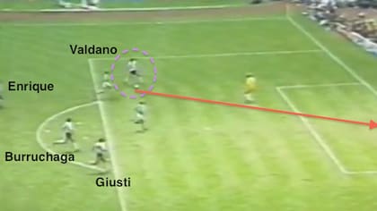 De 4 a 11: Valdano, que había arrancado en el sector defensivo en la derecha, termina en ataque por la izquierda y definiendo para el 2-0